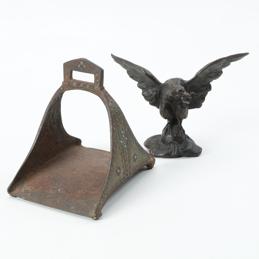 Antique Cast Metal Bird Finial and Metal Stirrup