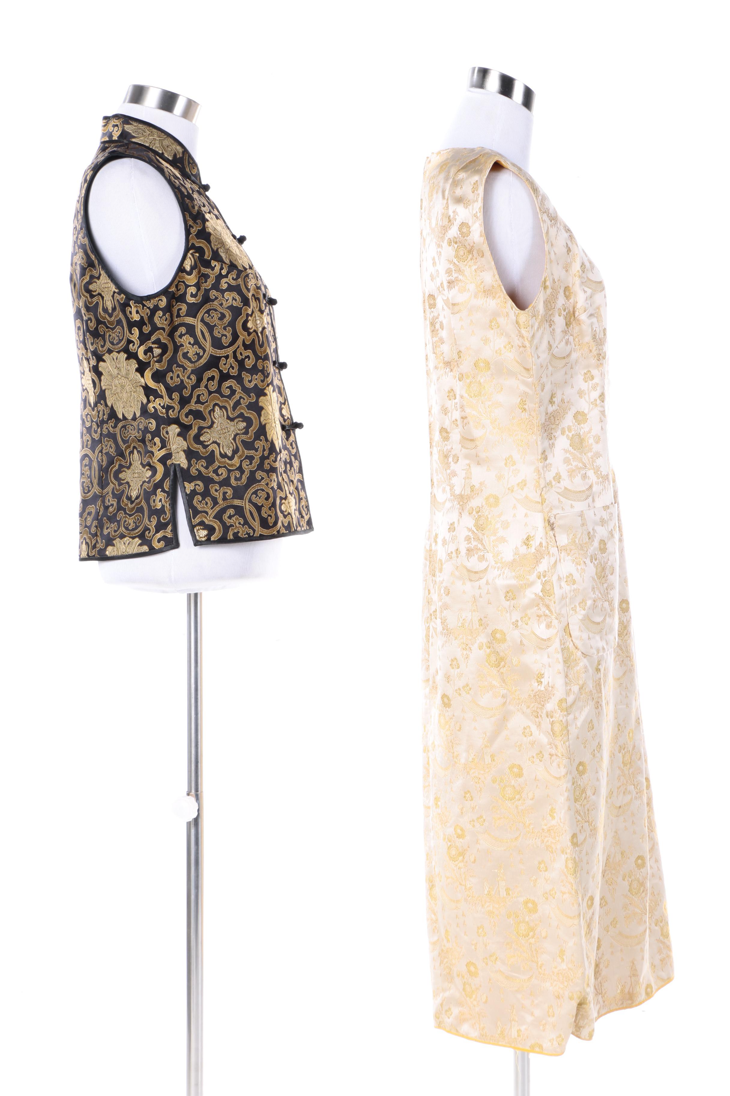 1960s Vintage Dynasty Brocade Dress with Silk Vest