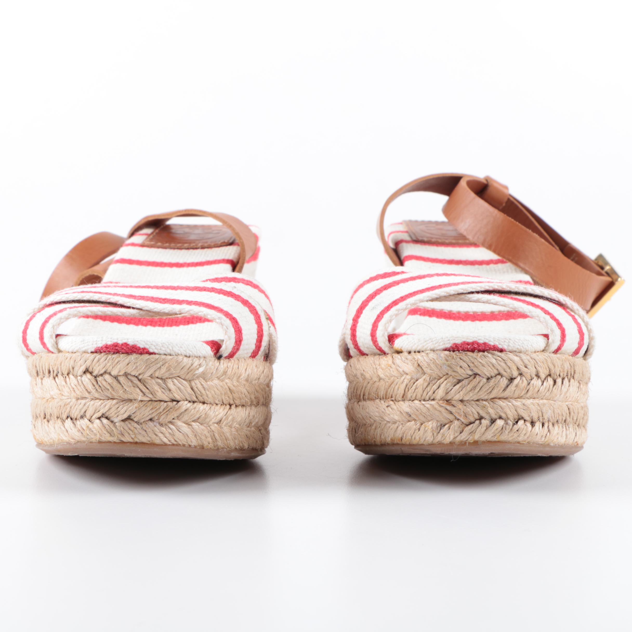 Tory Burch Red and White Striped Wedges with Tan Leather Straps