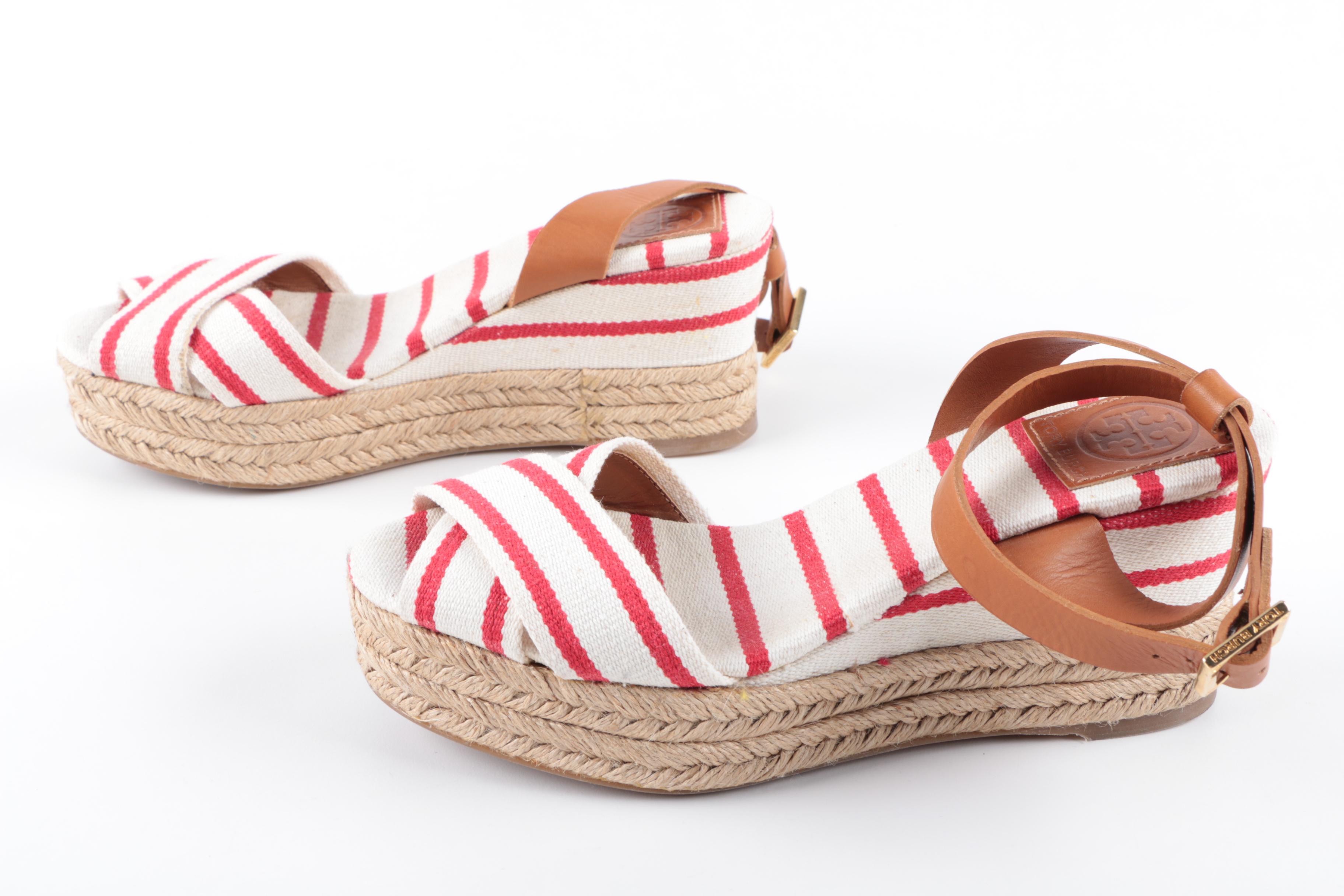 Tory Burch Red and White Striped Wedges with Tan Leather Straps