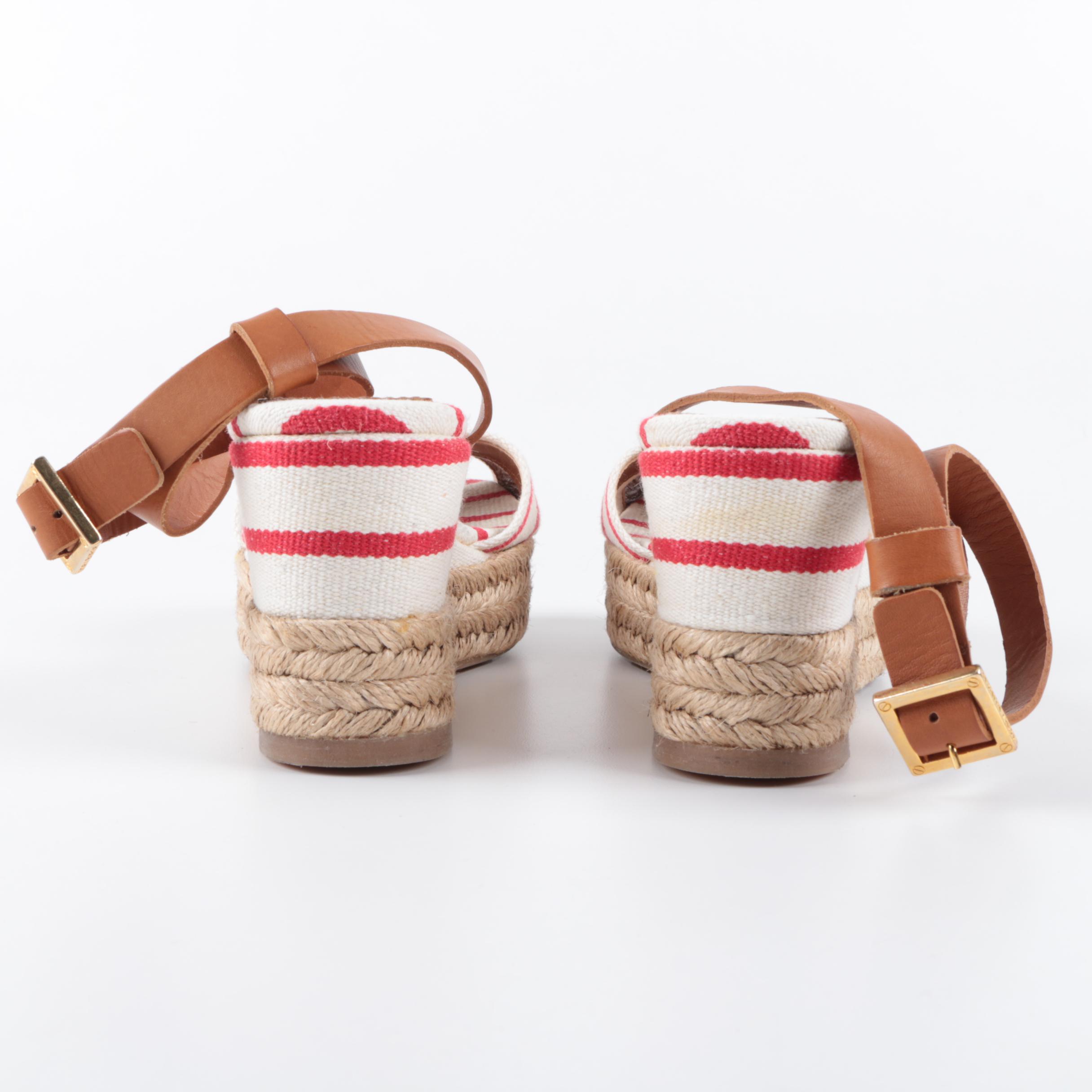 Tory Burch Red and White Striped Wedges with Tan Leather Straps