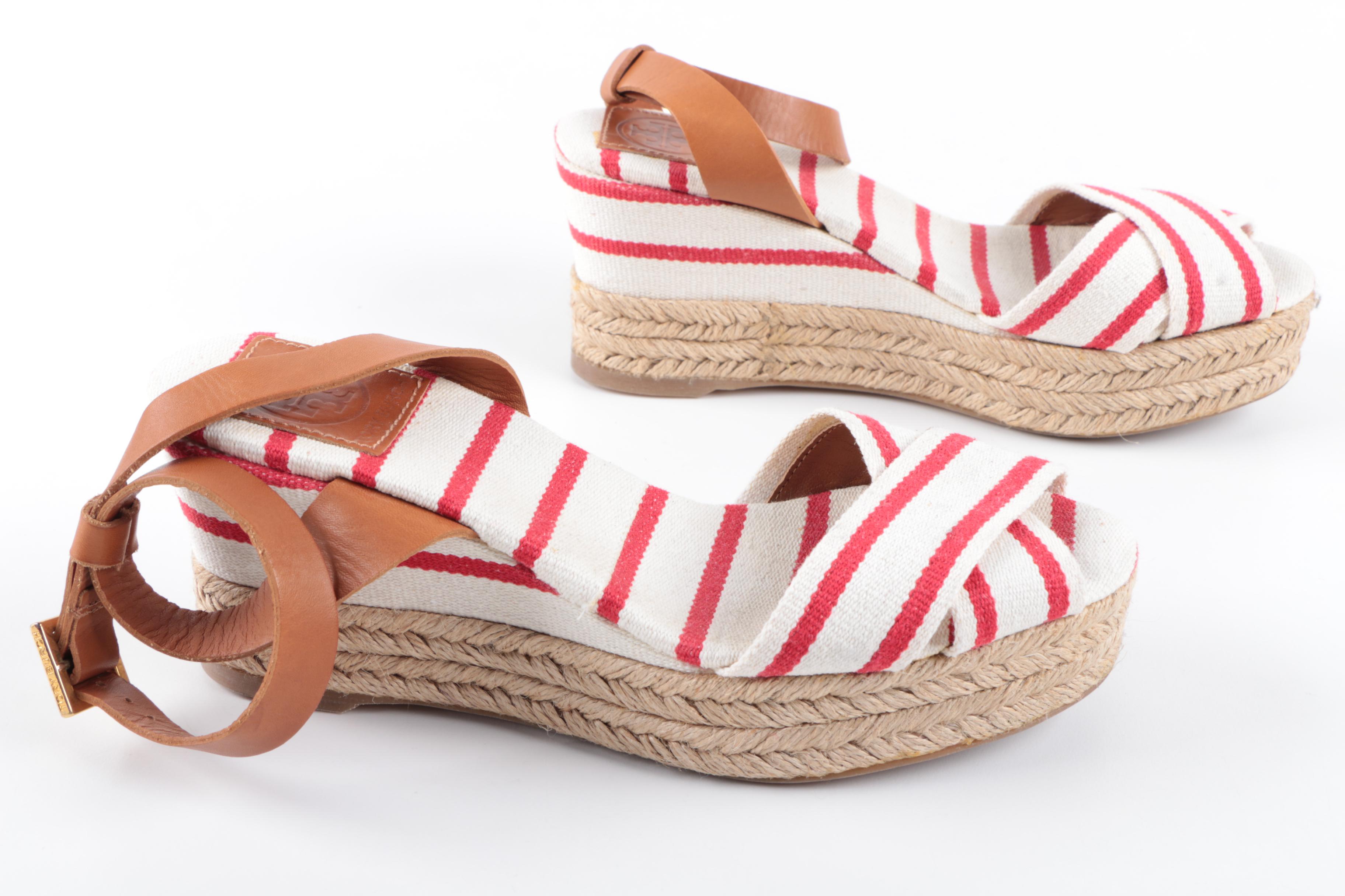 Tory Burch Red and White Striped Wedges with Tan Leather Straps