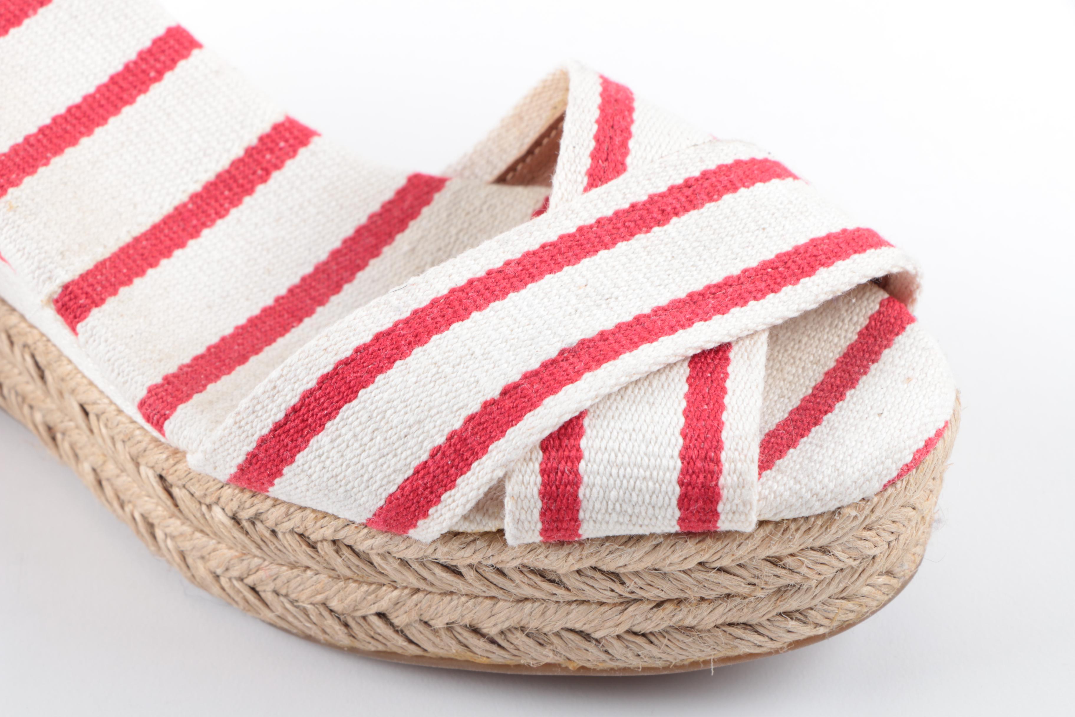 Tory Burch Red and White Striped Wedges with Tan Leather Straps