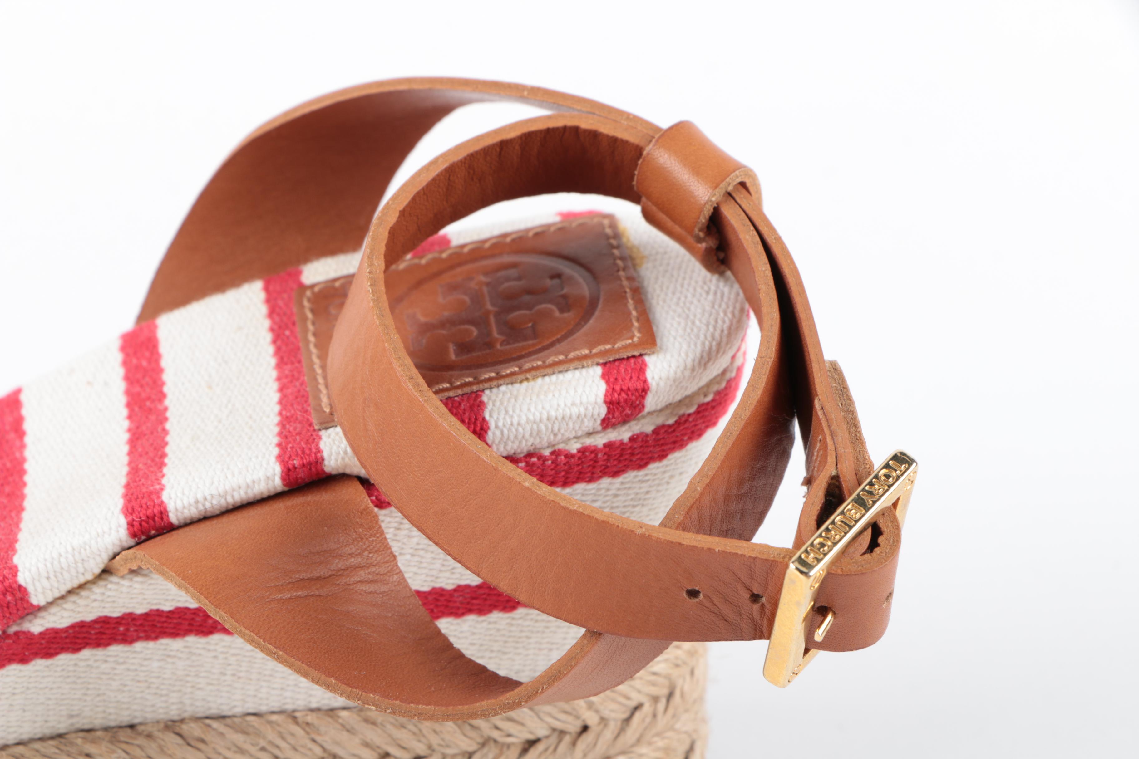 Tory Burch Red and White Striped Wedges with Tan Leather Straps