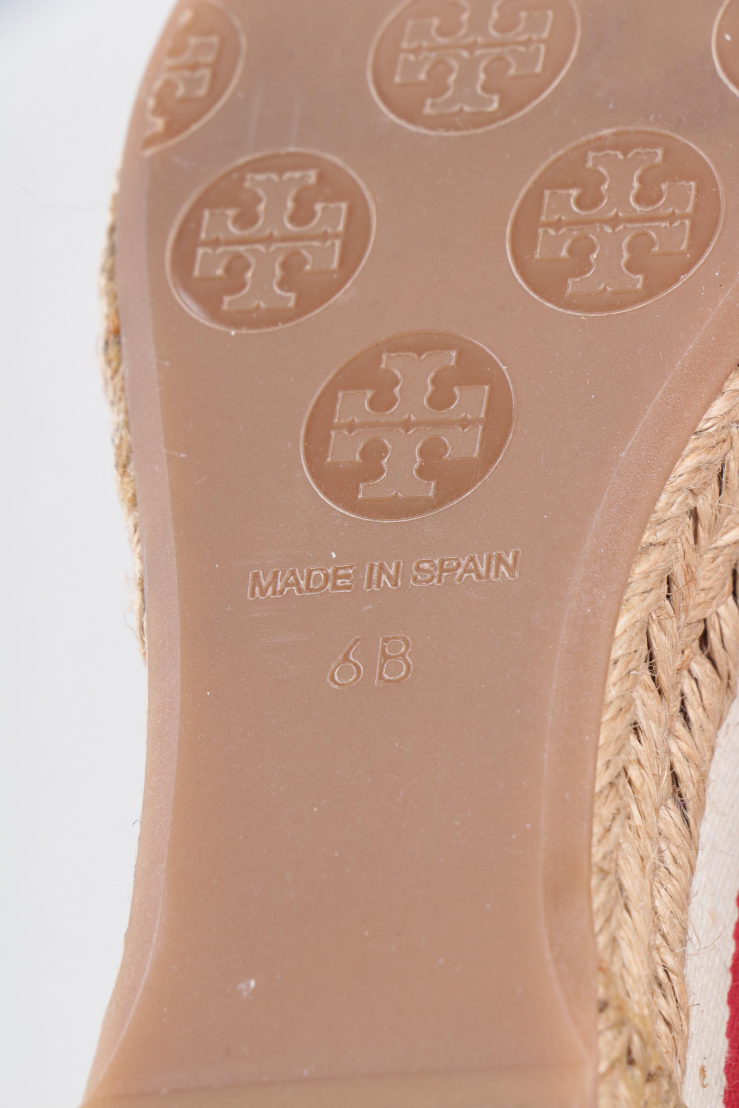Tory Burch Red and White Striped Wedges with Tan Leather Straps