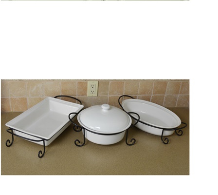 White Ceramic Baking Dishes with Wire Serving Racks