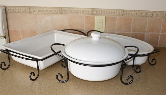 White Ceramic Baking Dishes with Wire Serving Racks
