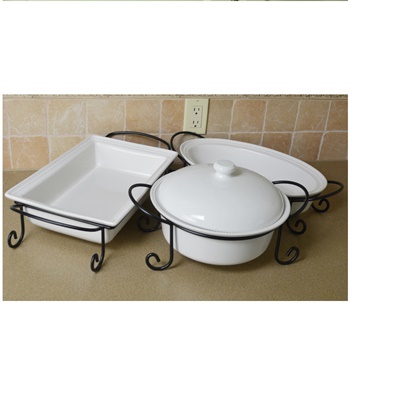 White Ceramic Baking Dishes with Wire Serving Racks