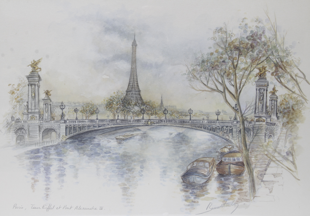 Print After Bernadette Loy's "Paris, Tour Eiffel et Pont Alexandre III"