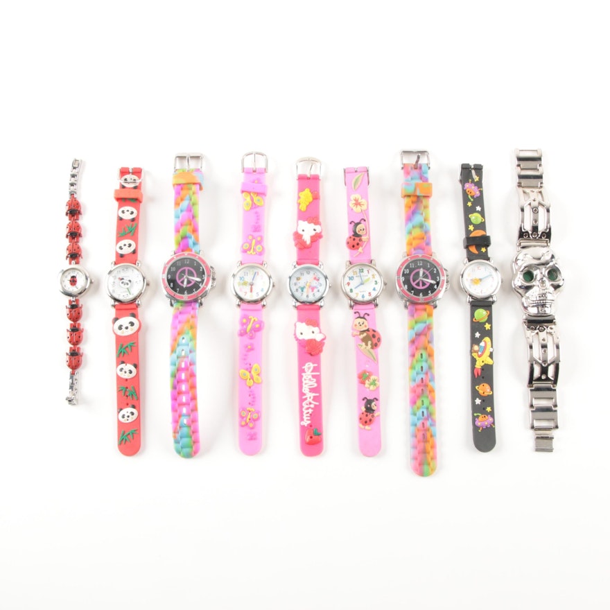 Themed Wristwatches Including Hello Kitty, Lady Bugs, and Peace Signs