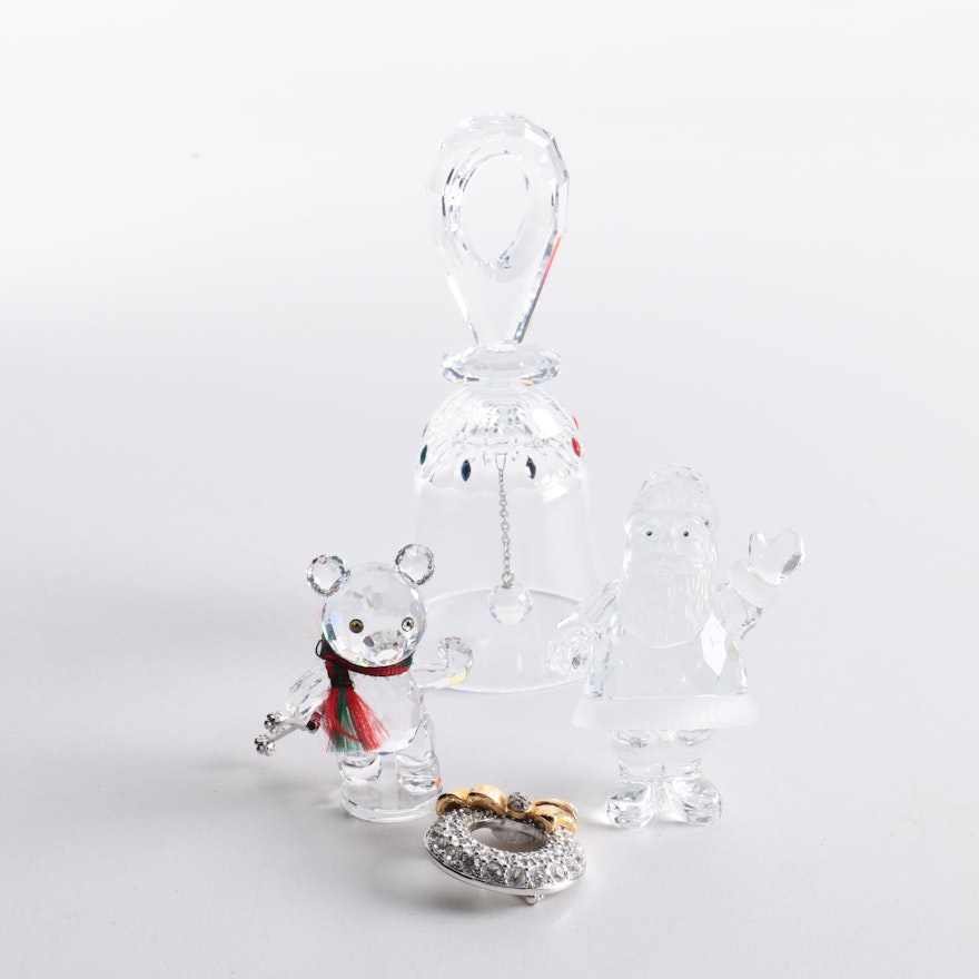 Swarovski Crystal Winter Figurines, Bell and Brooch