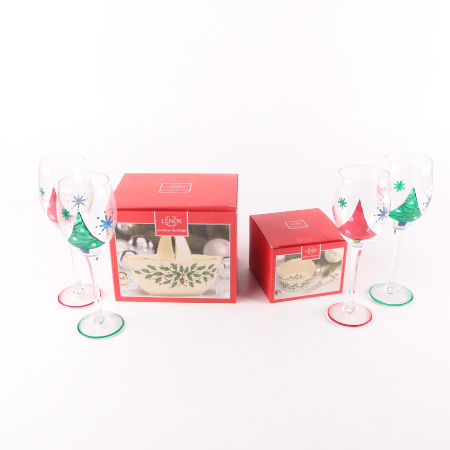 Lenox "Holiday" Basket, Bowl and Christmas Themed Stemware