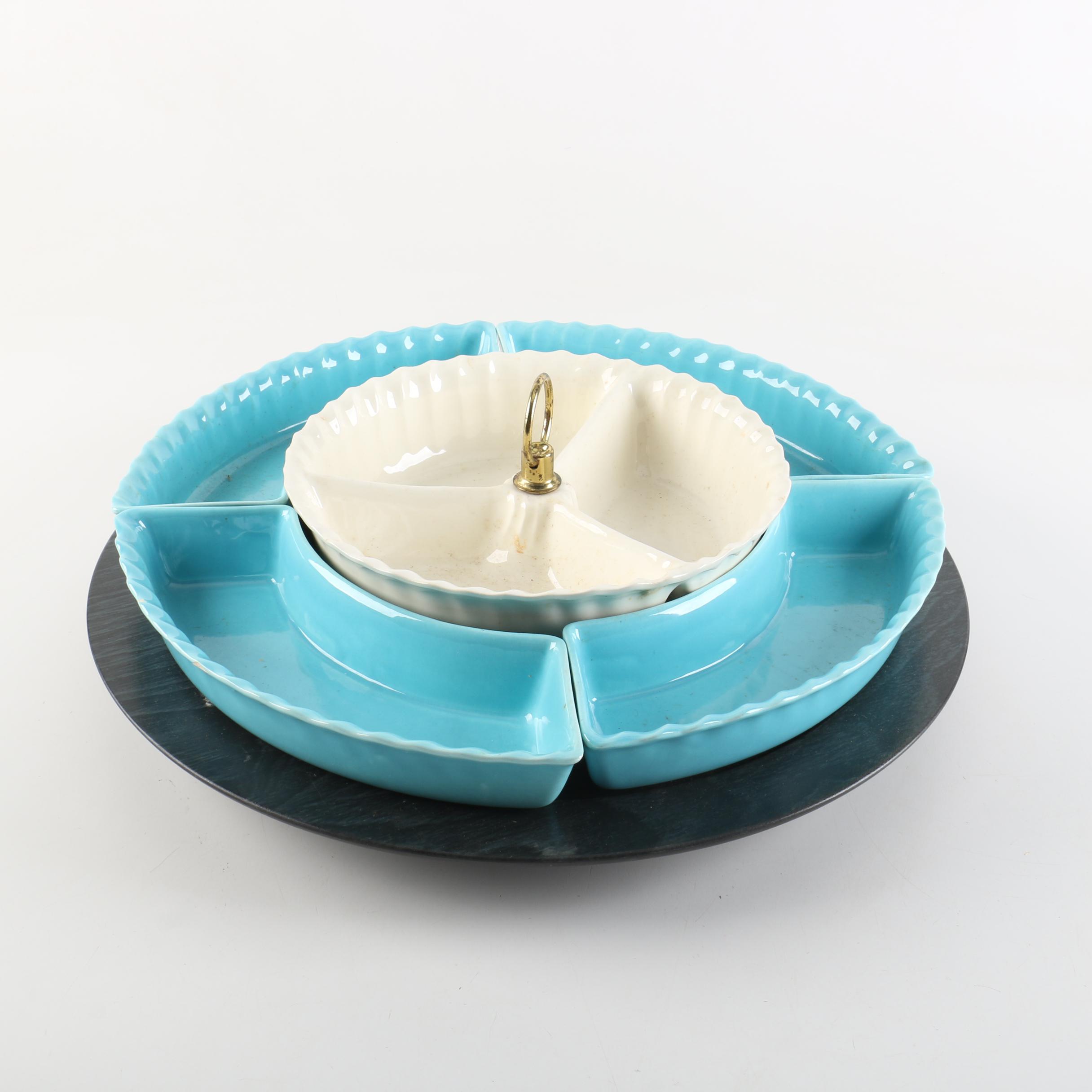 Vintage "Chip and Dip Susan" with Dishes and Turning Wood Tray 1950s