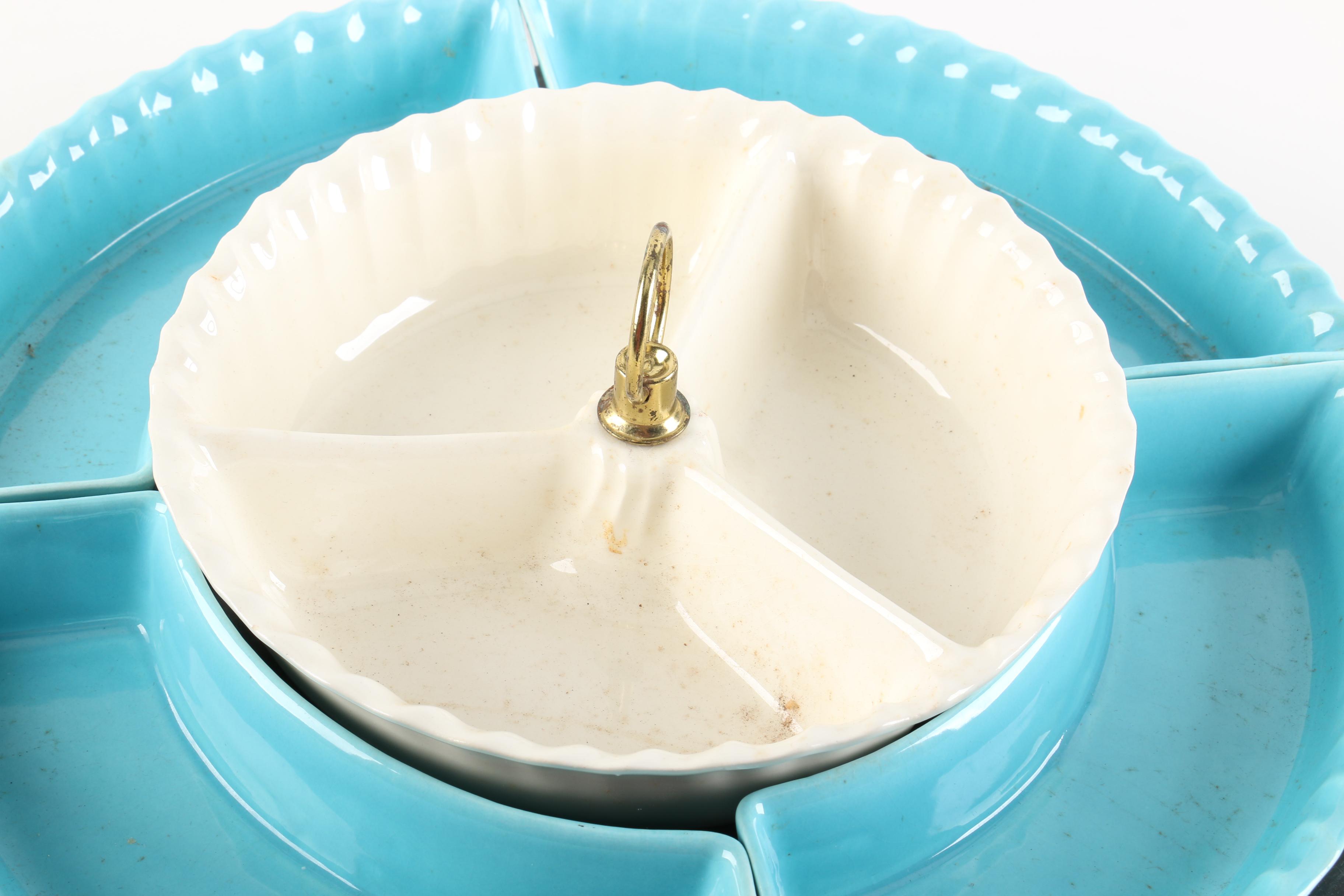 Vintage "Chip and Dip Susan" with Dishes and Turning Wood Tray 1950s