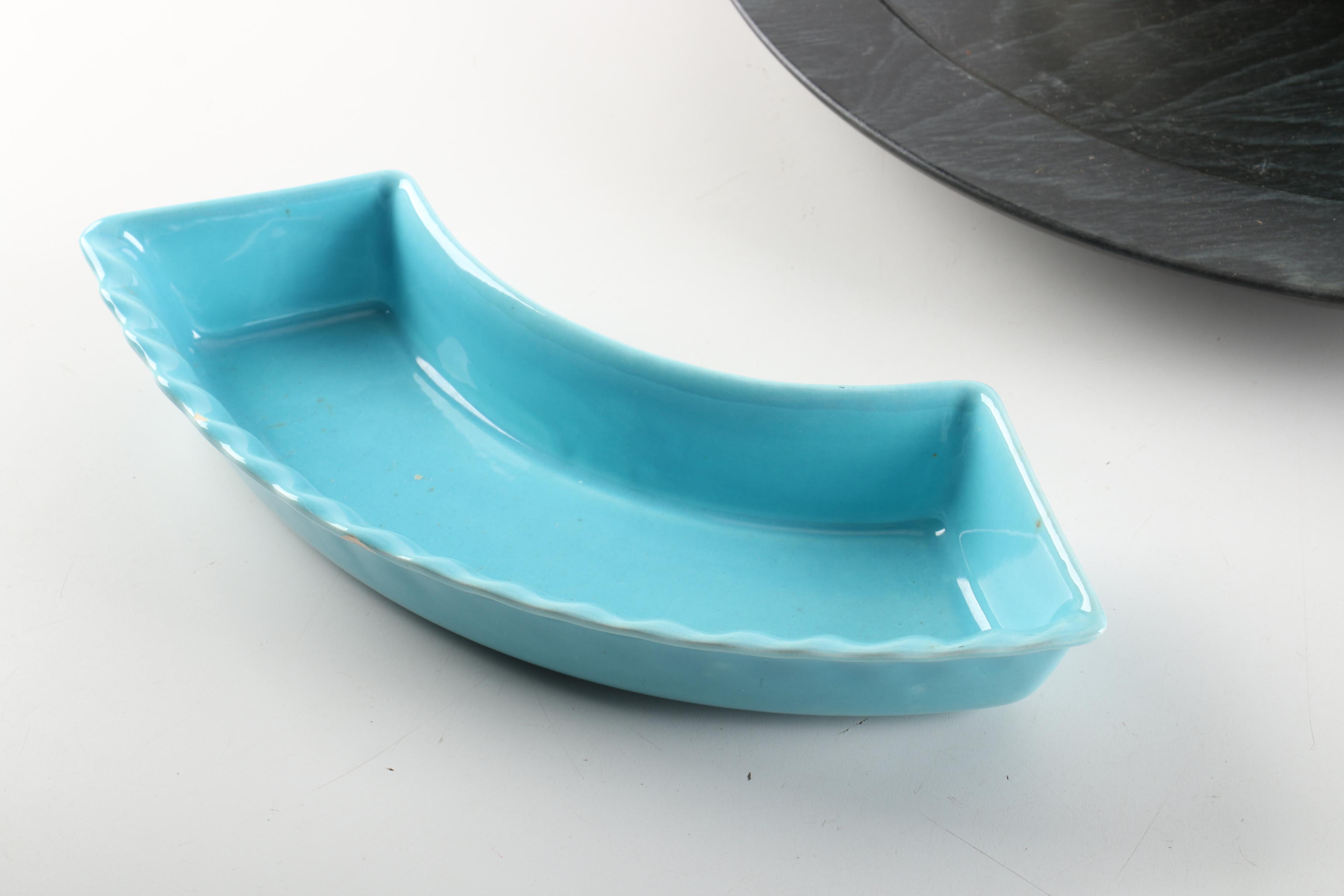 Vintage "Chip and Dip Susan" with Dishes and Turning Wood Tray 1950s