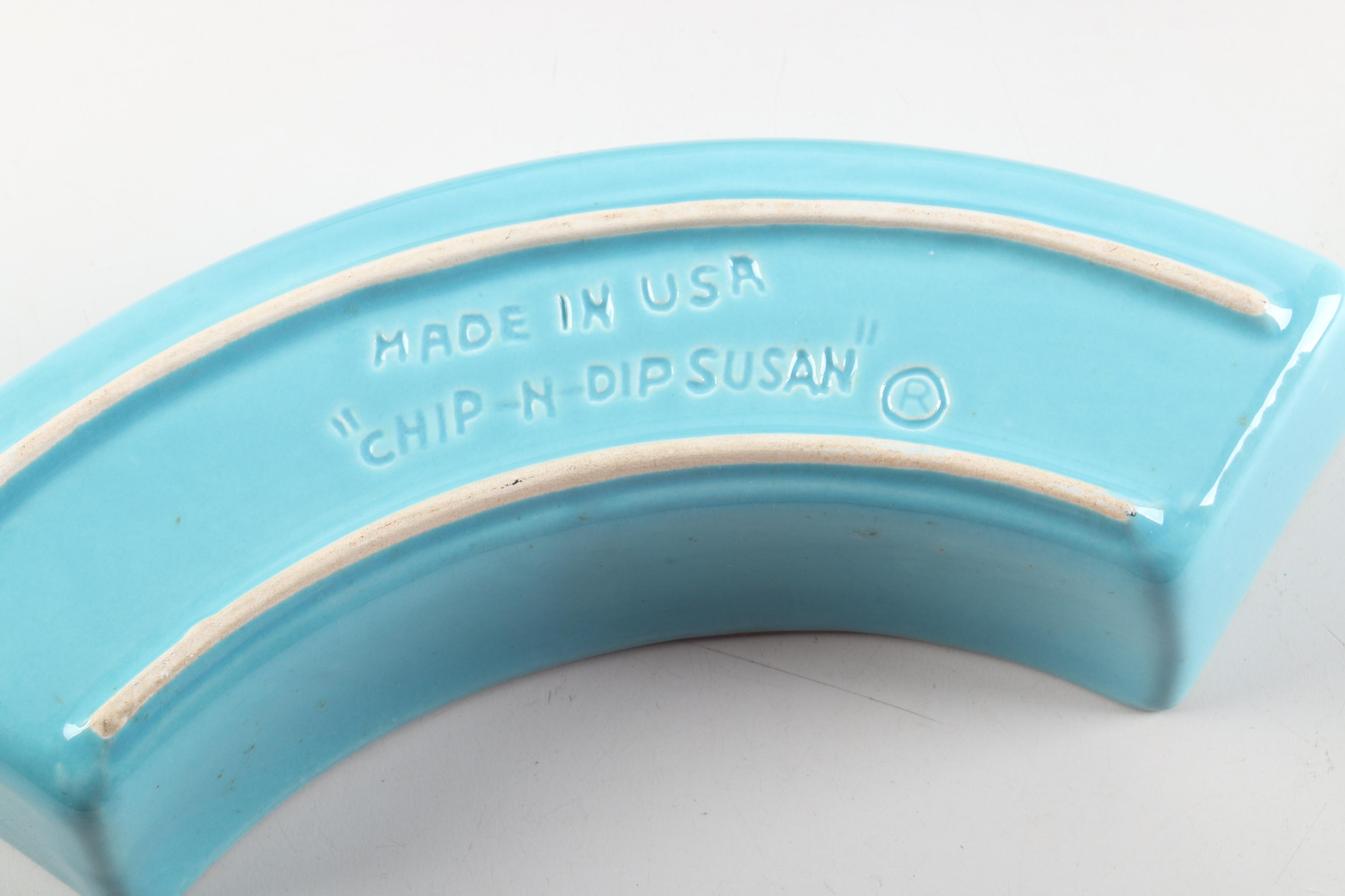 Vintage "Chip and Dip Susan" with Dishes and Turning Wood Tray 1950s