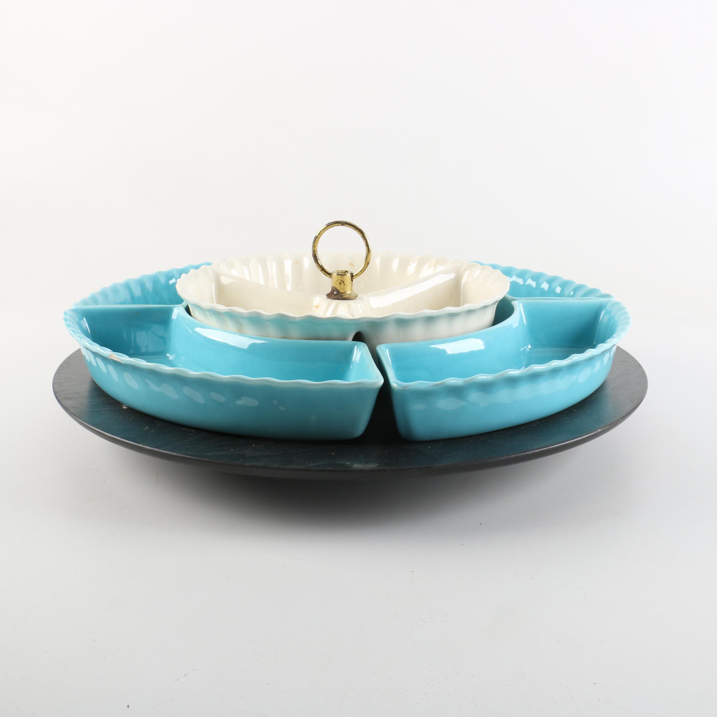 Vintage "Chip and Dip Susan" with Dishes and Turning Wood Tray 1950s