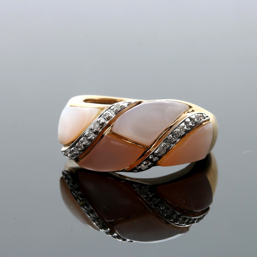 14K Yellow Gold Mother of Pearl and Diamond Ring