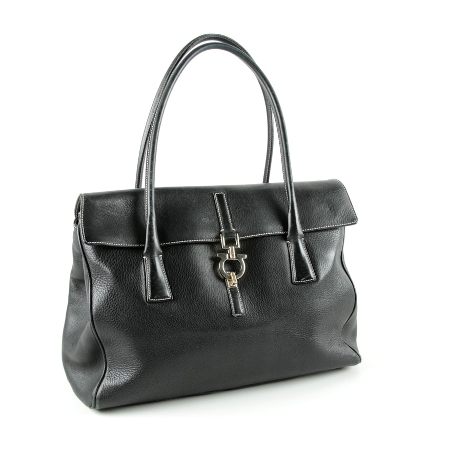 Salvatore Ferragamo Black Leather Gancini Handbag