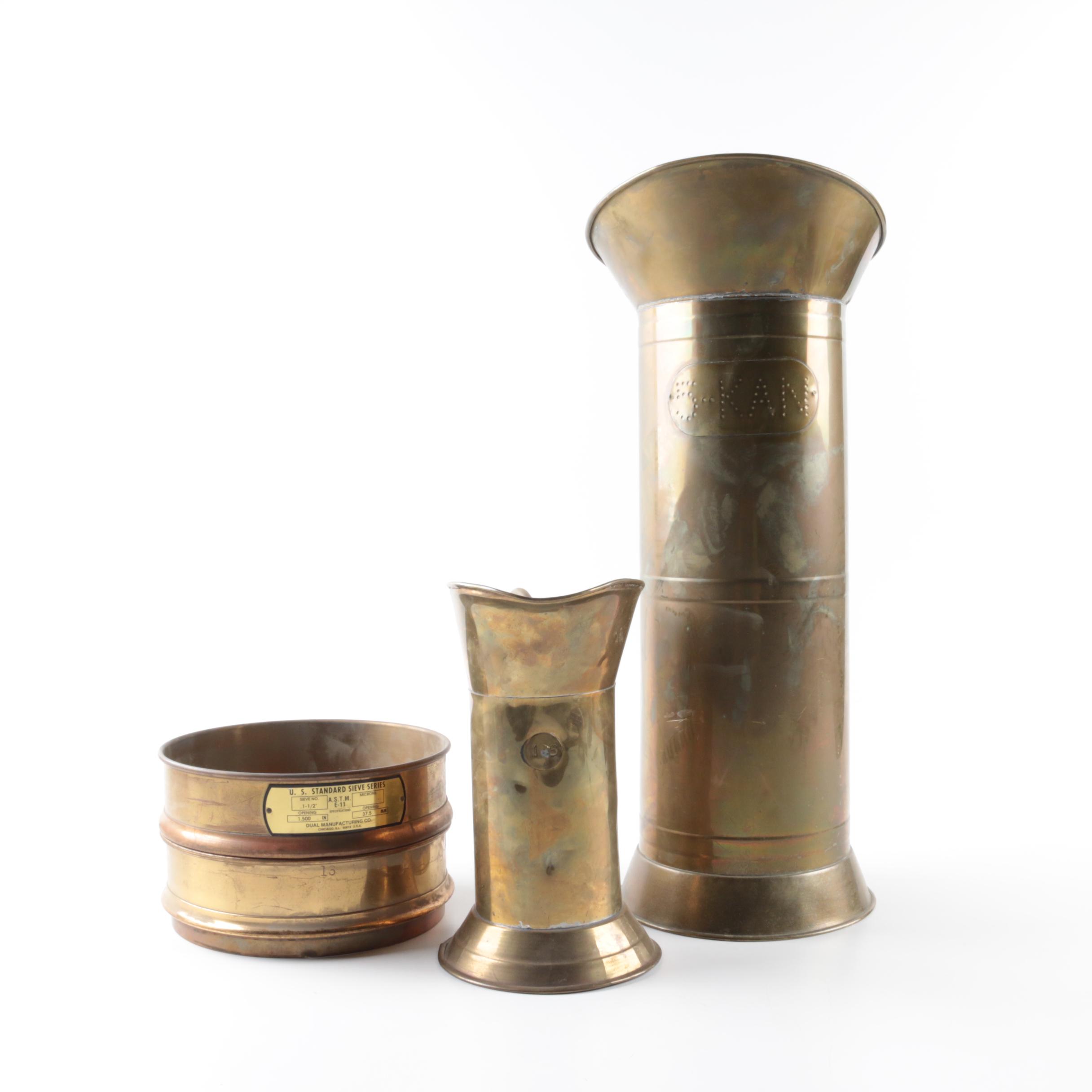 Vintage Copper 5-KAN Water Shuttle, Coal Shuttle, and Industrial Test Sieve