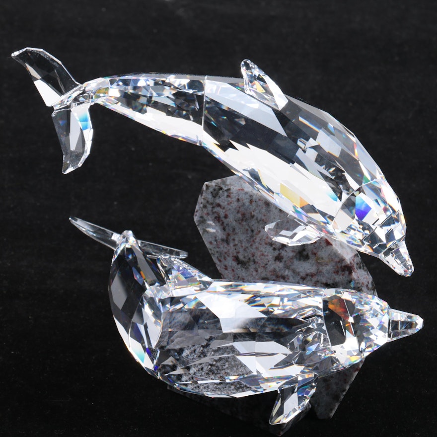 Swarovski Crystal "Soulmates Dolphins" Sculpture with Garnet Schist Base