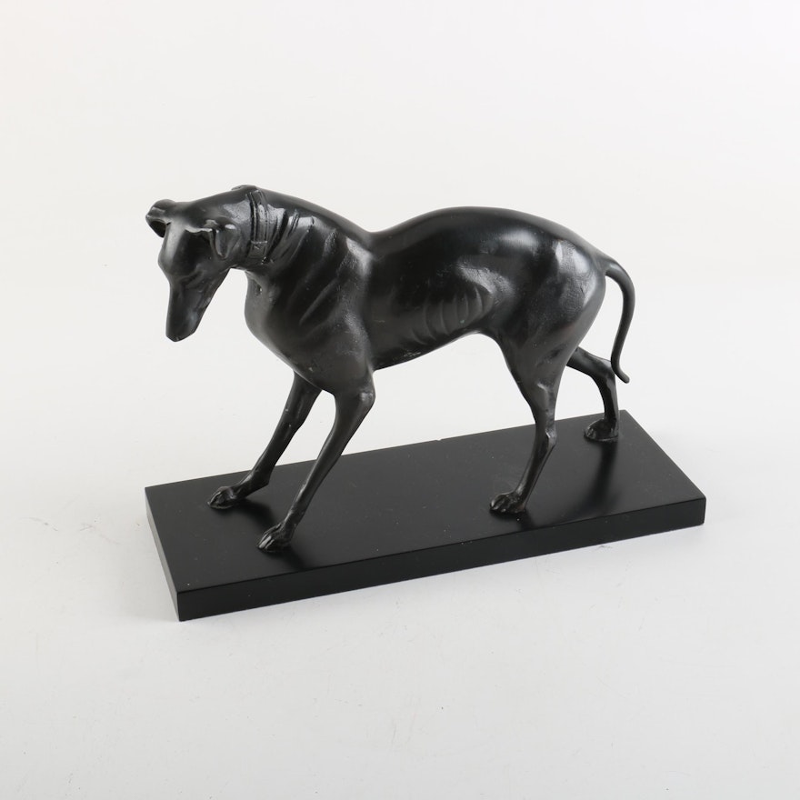 Cast Metal Dog Figurine with Wooden Base