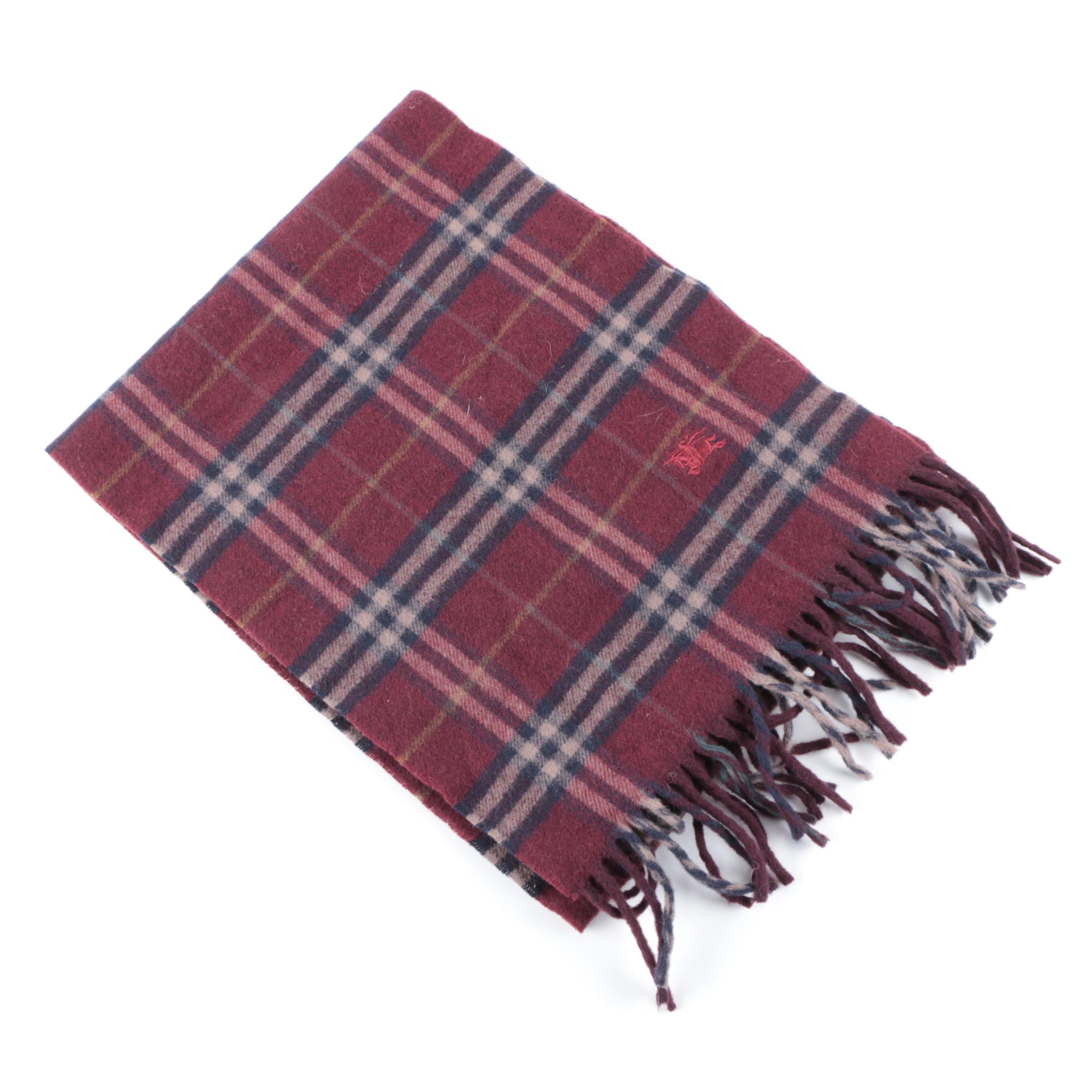 Burberry Red and Navy Plaid Wool Scarf