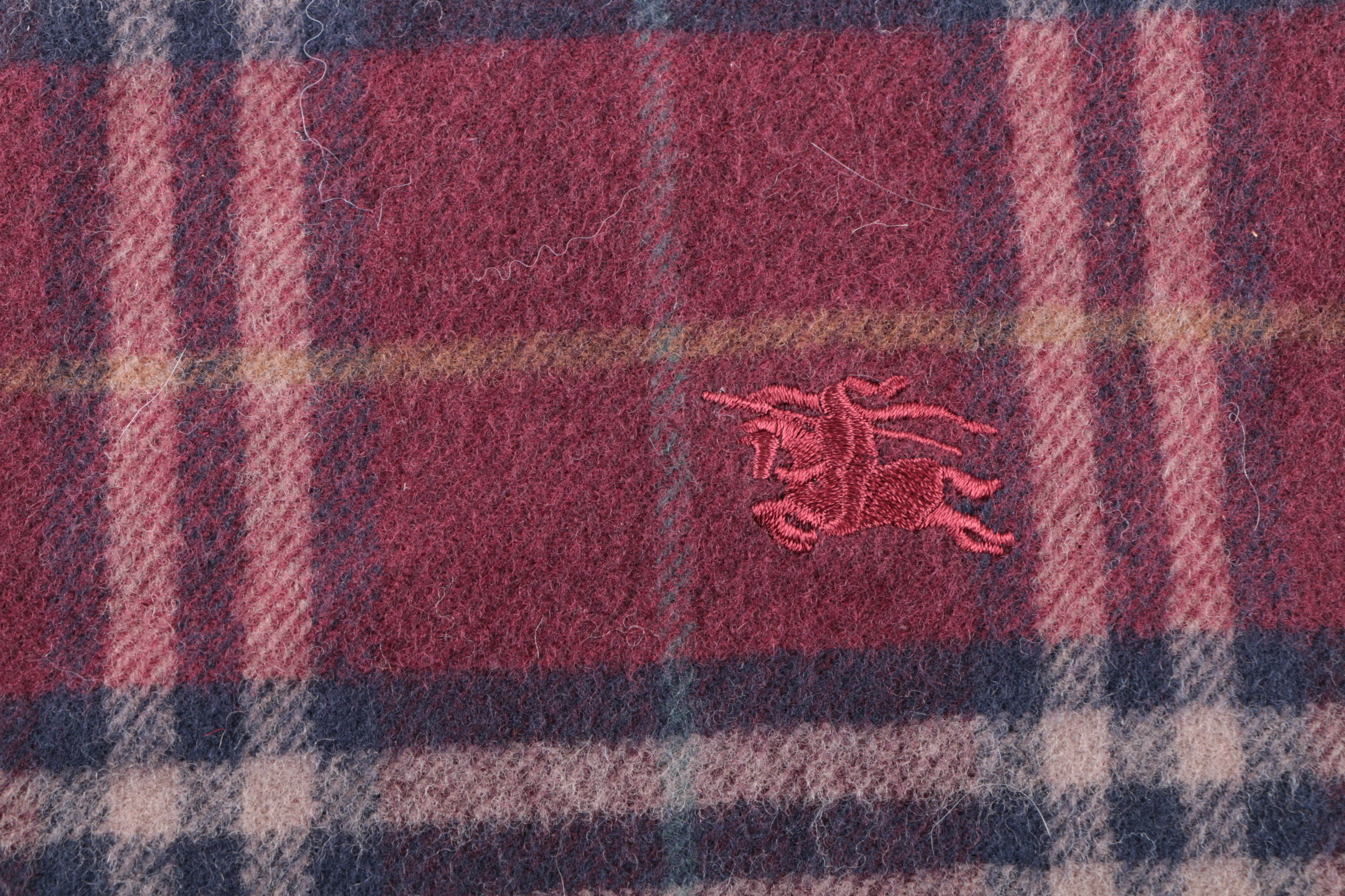 Burberry Red and Navy Plaid Wool Scarf