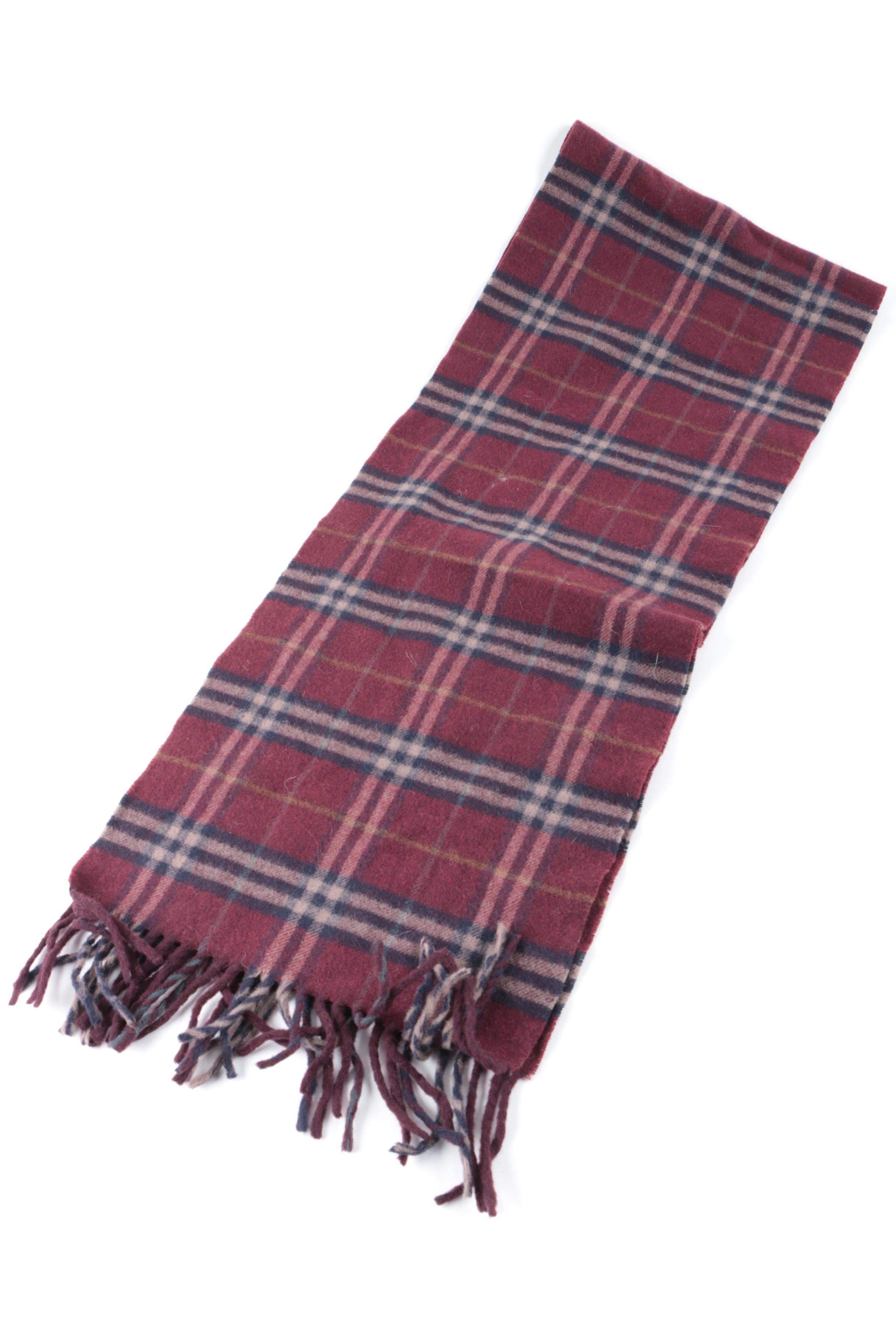 Burberry Red and Navy Plaid Wool Scarf