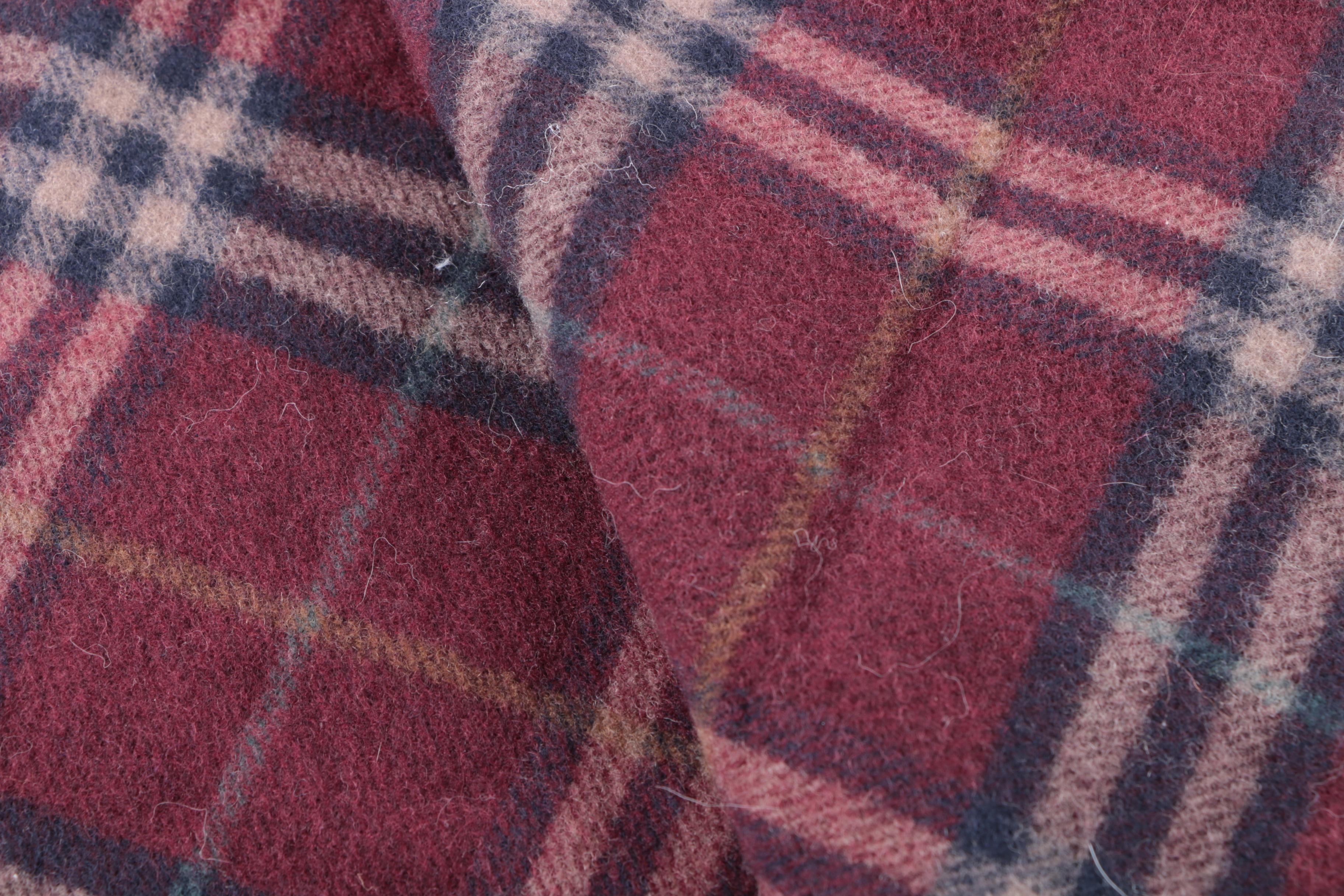 Burberry Red and Navy Plaid Wool Scarf