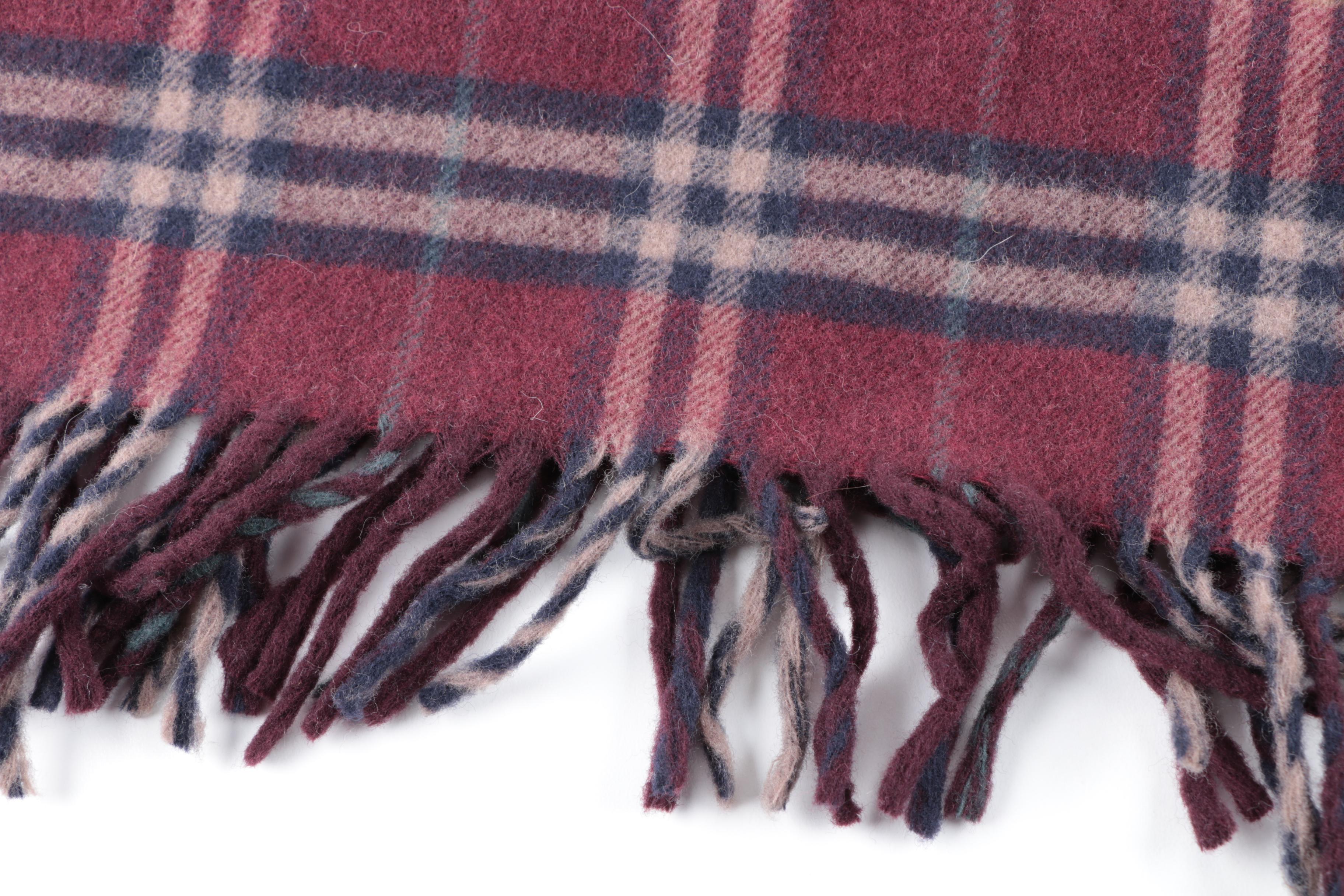 Burberry Red and Navy Plaid Wool Scarf