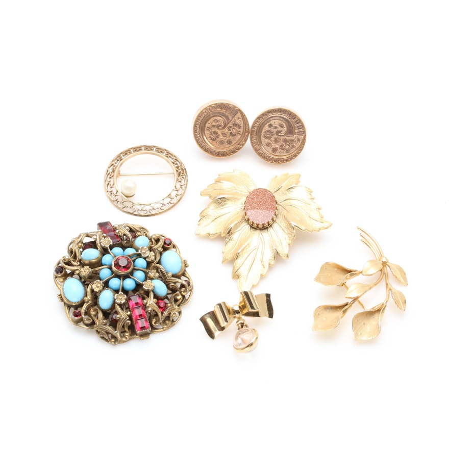 Assortment of Costume Jewelry Including Brooches and Cufflinks