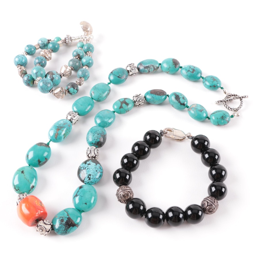 Sterling Silver Necklace and Bracelet Selection Featuring Turquoise and Coral