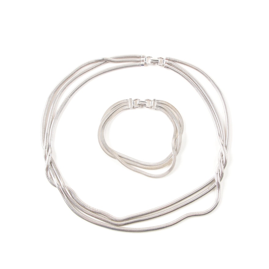 Sterling Silver Triple Snake Chain Necklace and Bracelet Set