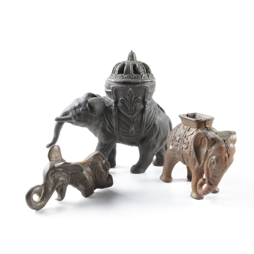 Pair of Cast-Iron Elephant Censors and Elephant Shaped Bottle Opener