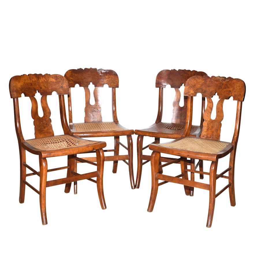 Four Antique Burl Veneer Caned Side Chairs