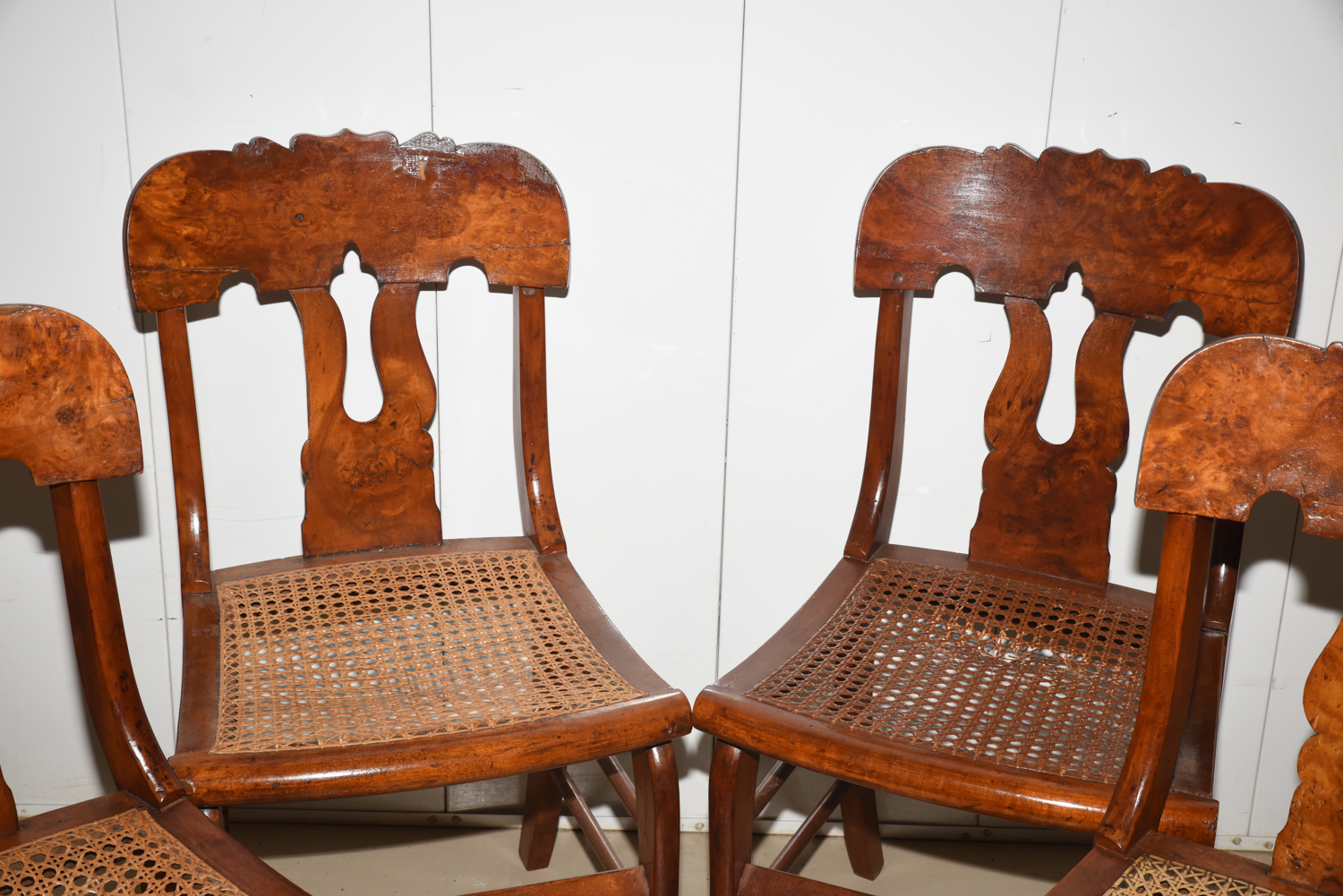Four Antique Burl Veneer Caned Side Chairs