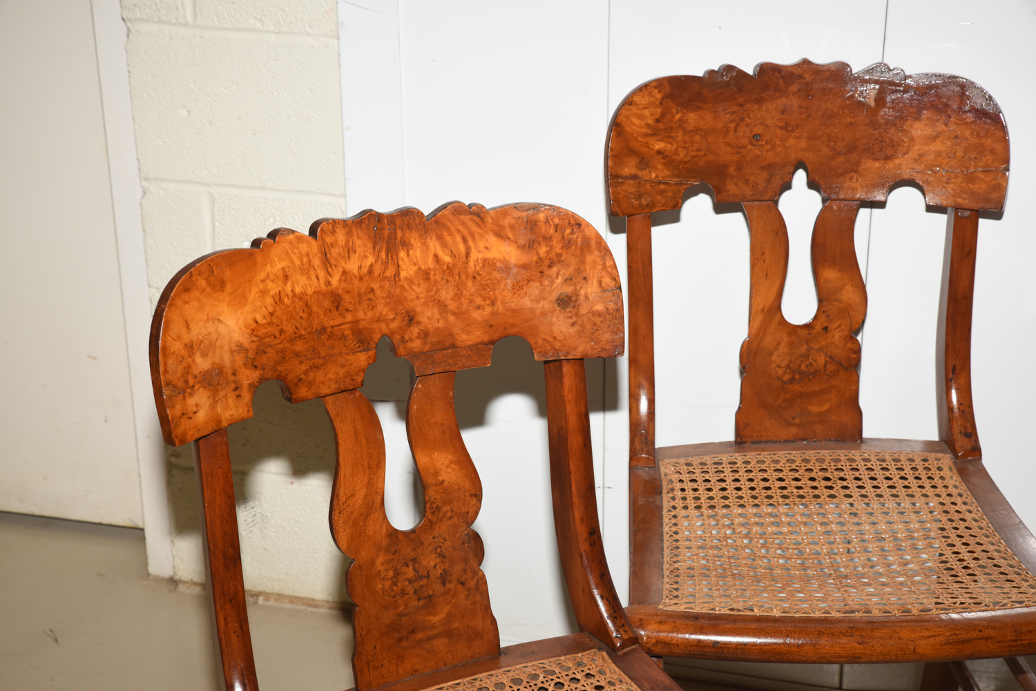 Four Antique Burl Veneer Caned Side Chairs