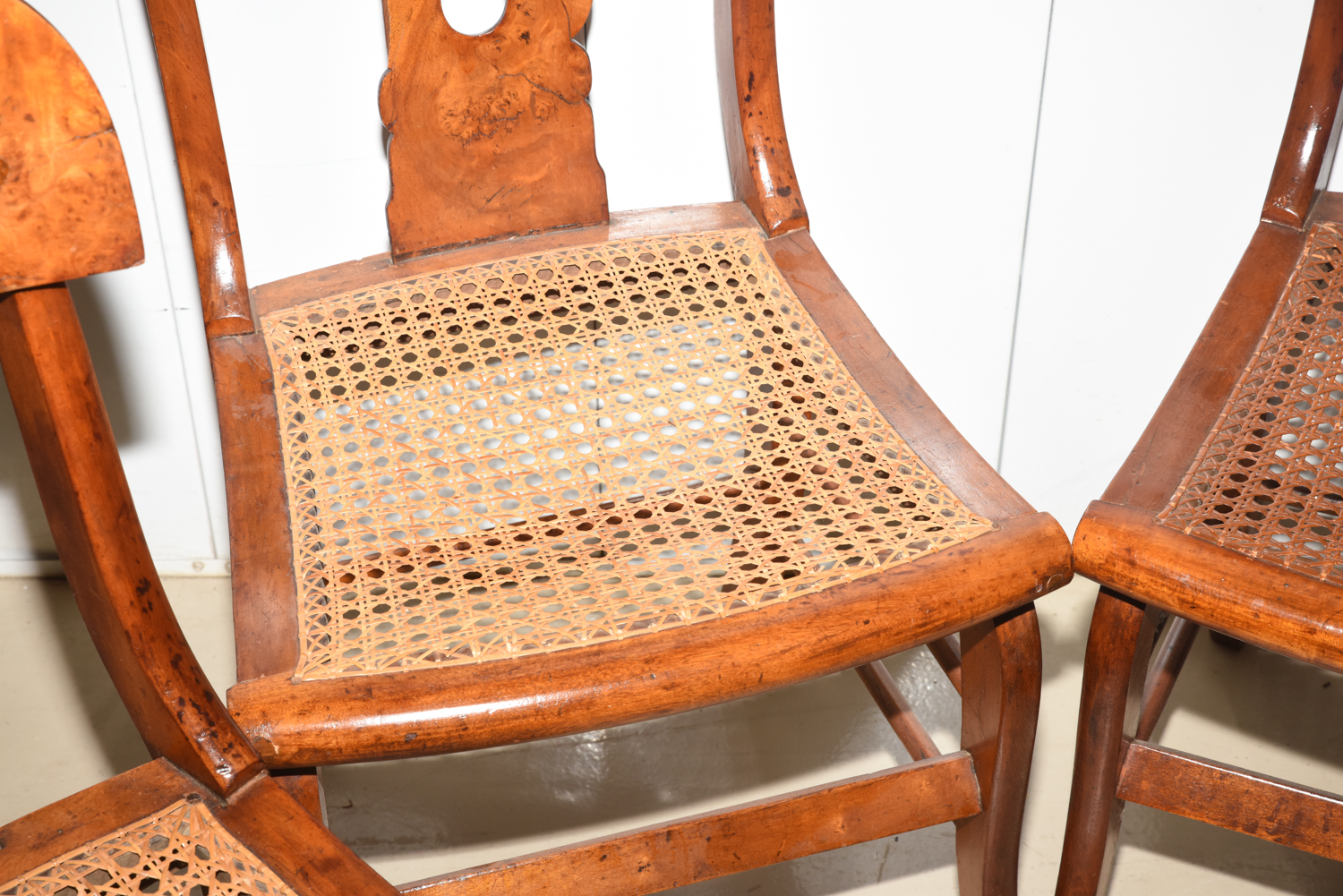 Four Antique Burl Veneer Caned Side Chairs