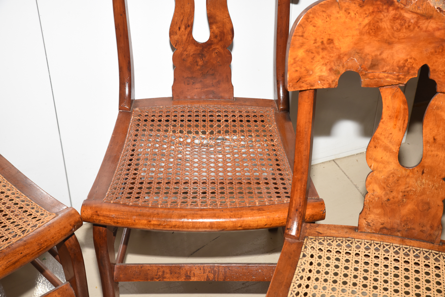 Four Antique Burl Veneer Caned Side Chairs