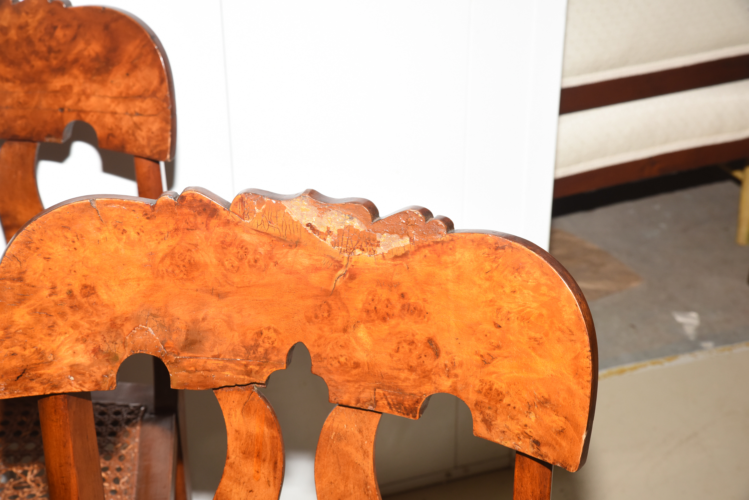 Four Antique Burl Veneer Caned Side Chairs