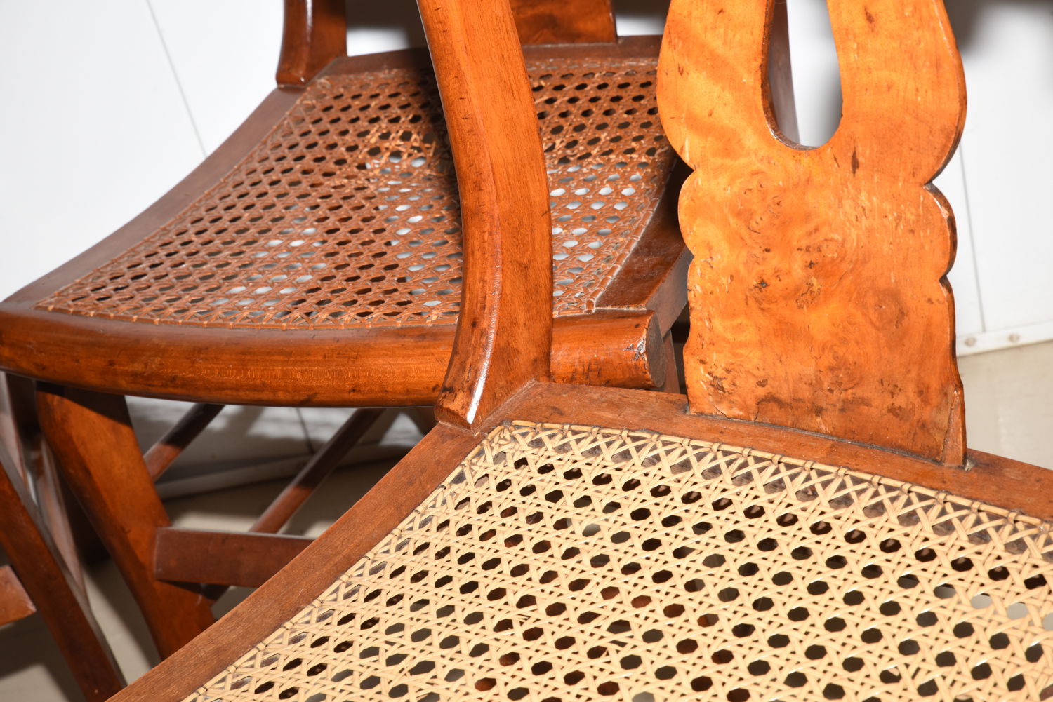Four Antique Burl Veneer Caned Side Chairs