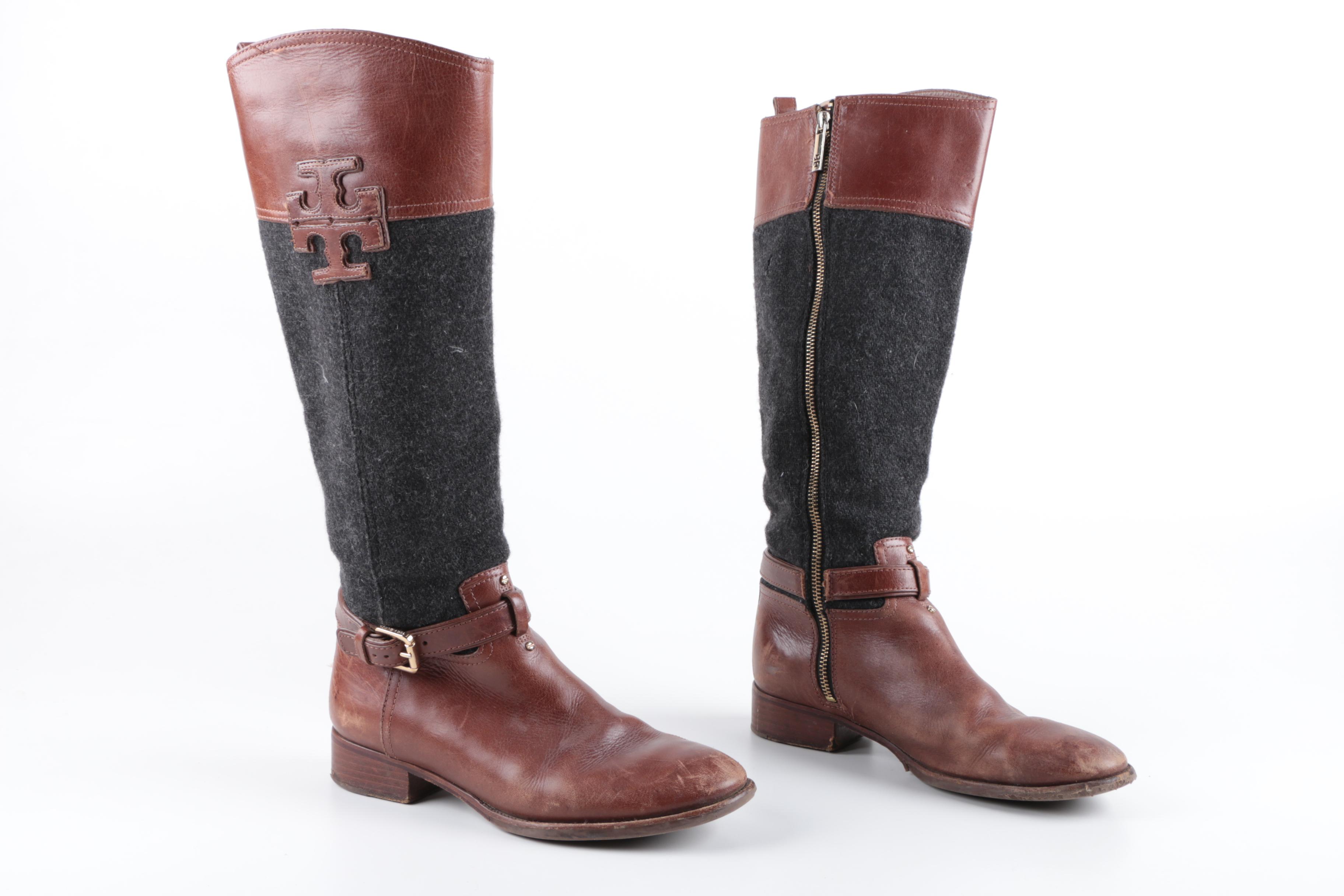 Tory Burch Leather and Wool Riding Boots