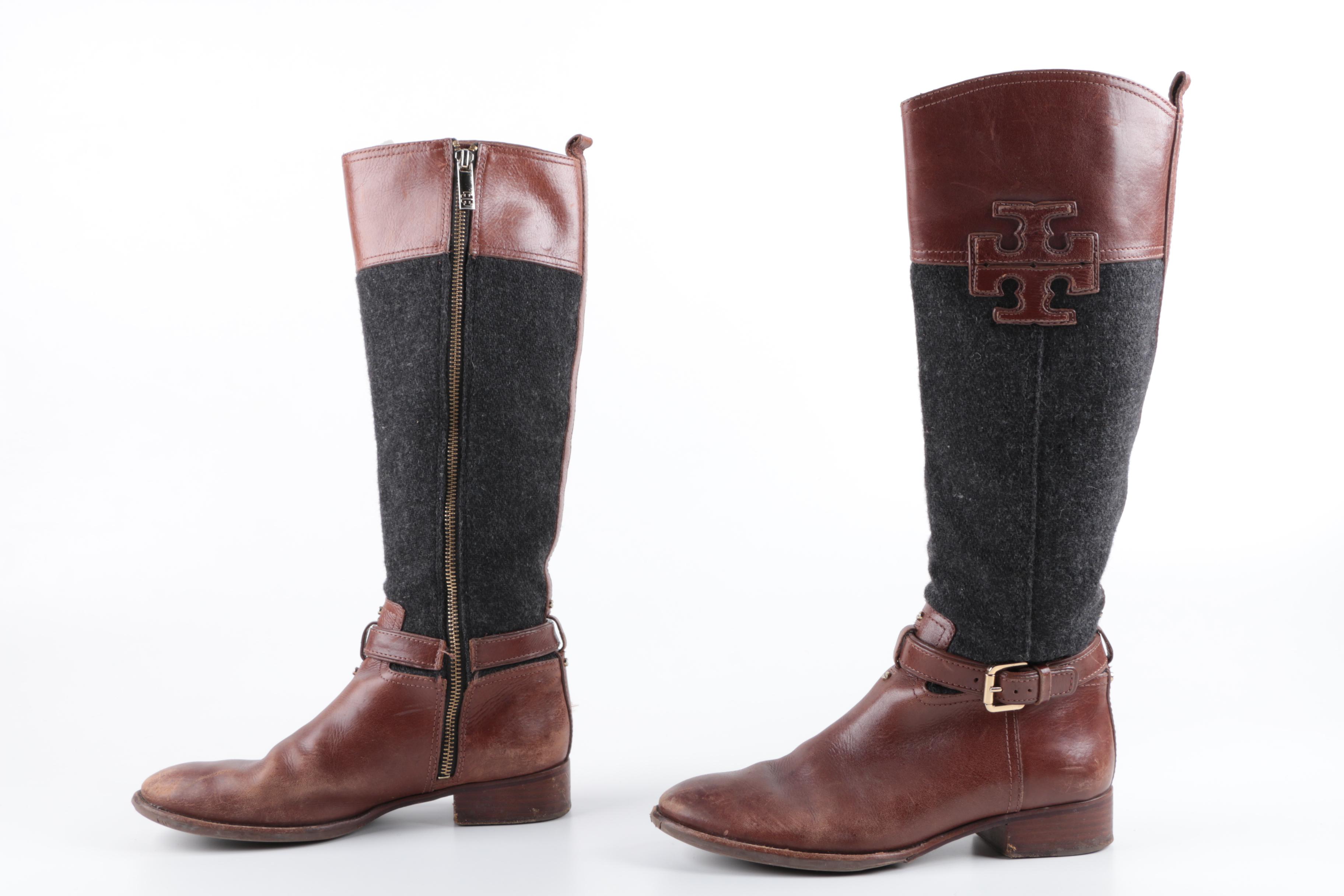 Tory Burch Leather and Wool Riding Boots
