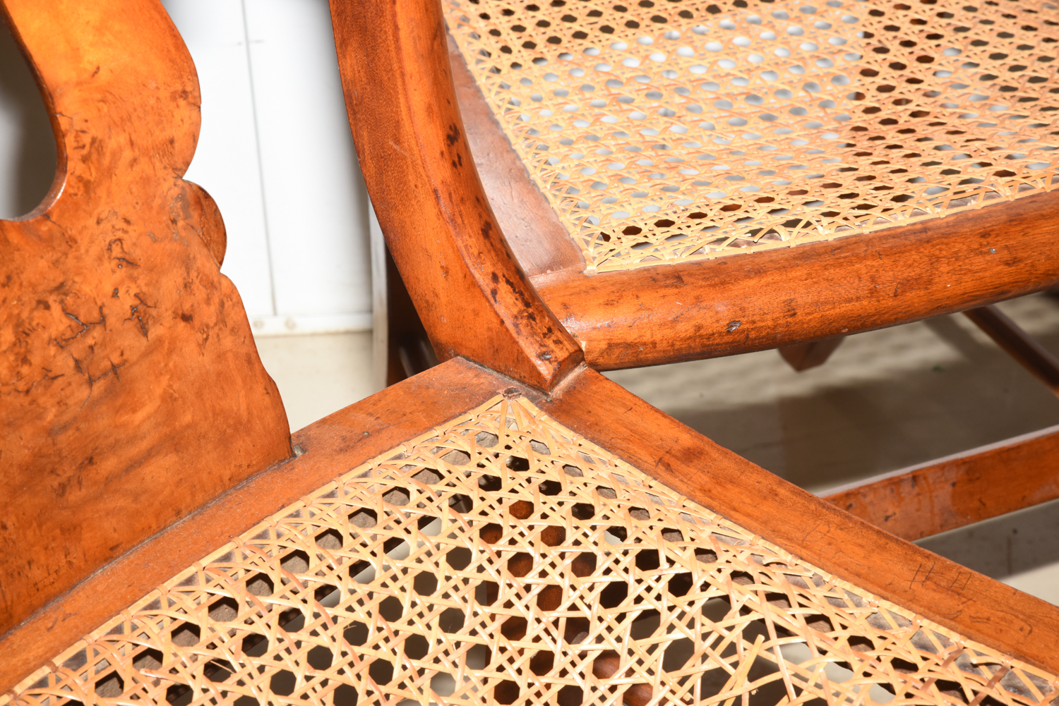 Four Antique Burl Veneer Caned Side Chairs