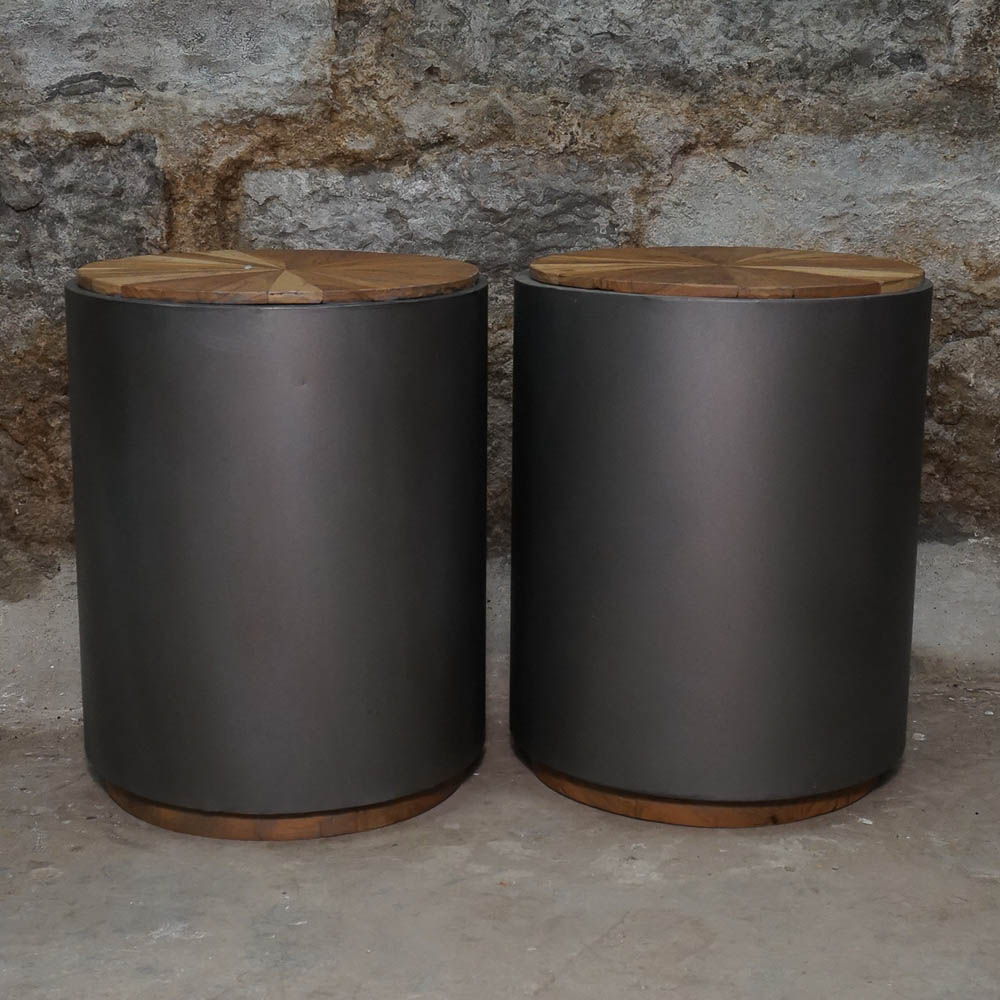 Matching Pair of Acacia Wood and Metal Drum Tables