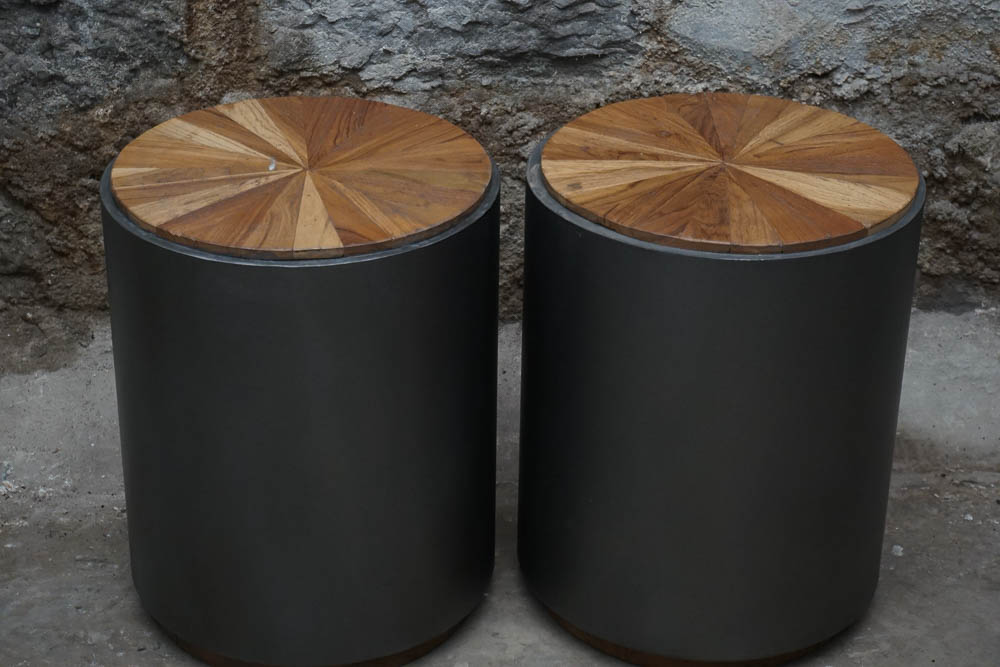 Matching Pair of Acacia Wood and Metal Drum Tables