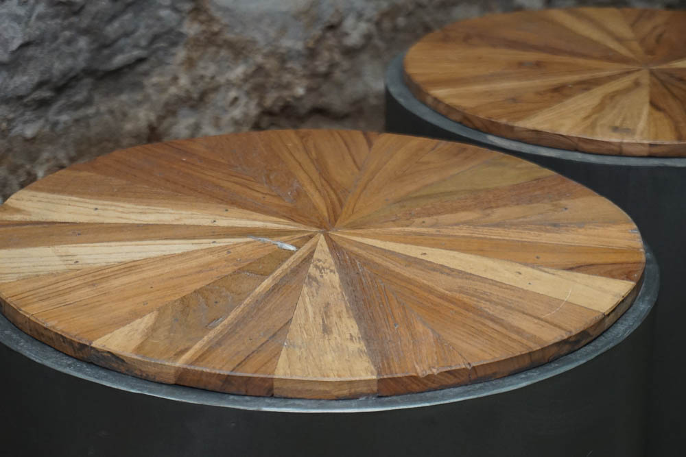 Matching Pair of Acacia Wood and Metal Drum Tables
