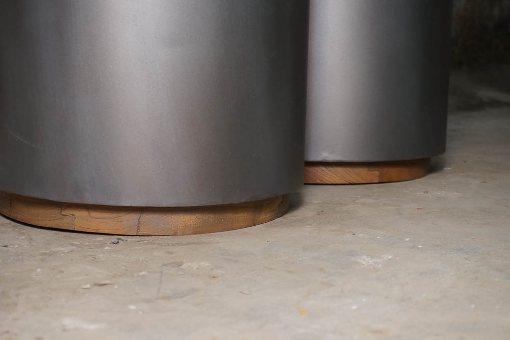 Matching Pair of Acacia Wood and Metal Drum Tables