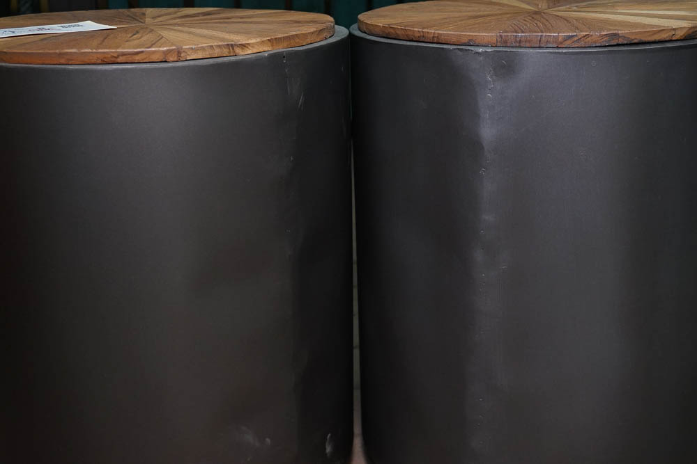 Matching Pair of Acacia Wood and Metal Drum Tables